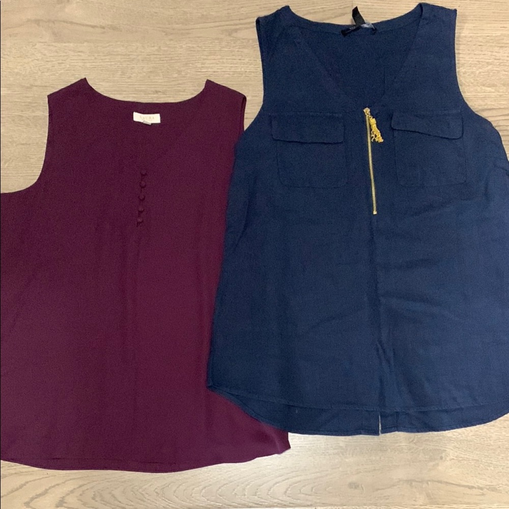 Sleeveless Navy Zip Front Linen & Burgundy Button front vest top bundle EUC S/M